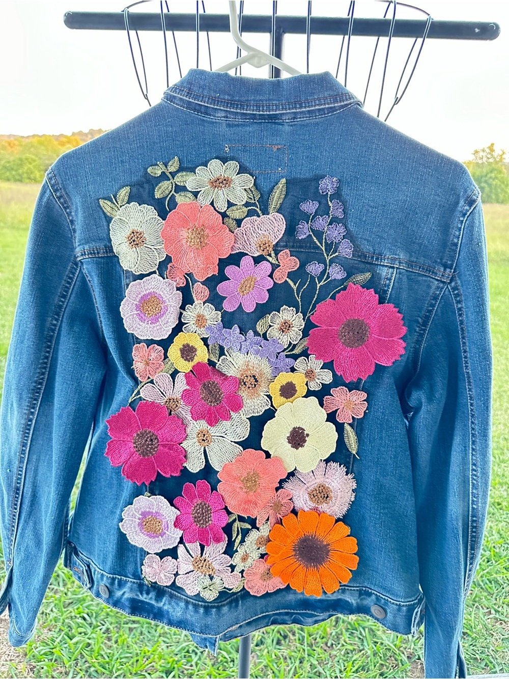 Embroidered Floral Jean Jacket - Blue Denim with Multicolor Flowers